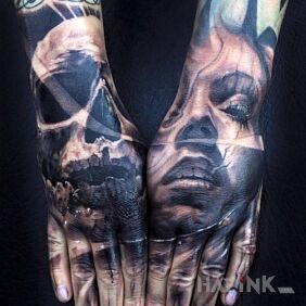 Tattoo Chekhov and portrait on the hand motif: skulls