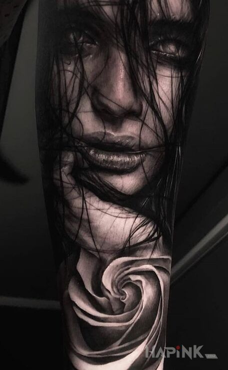 Tattoo Wlosy na twarzy in 3D motif and realistic style on the forearm