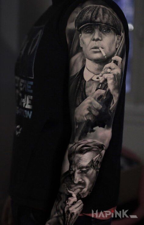 Tattoo Bracia Shelby in sleeves motif and realistic style on the upper arm