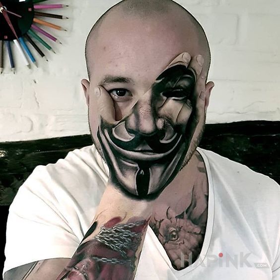Tattoo Anymous in black and gray motif and realistic style on the fingers