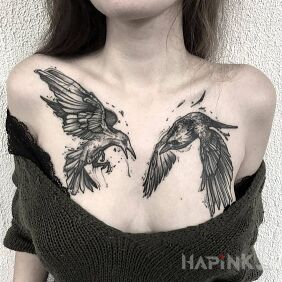 Tattoo Two crows on the collarbone motif: black and gray style: graphic / illustrative