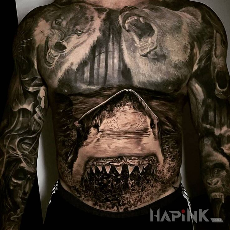 Tattoo Szczęki in animals motif and realistic style on the stomach