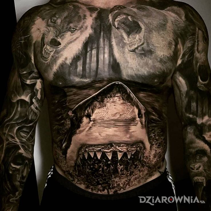 Tatuaż szczęki w motywie 3D i stylu realistyczne na brzuchu