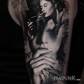 Tattoo Such a connected portrait on the upper arm motif: characters style: realistic