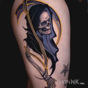 Tattoo Kostucha on the leg motif: skulls style: graphic / illustrative