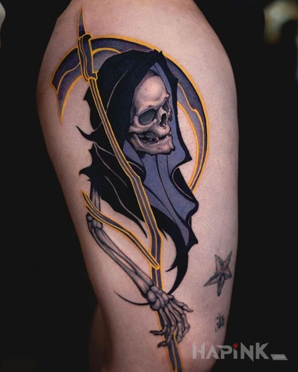 Tattoo Kostucha in objects motif and graphic / illustrative style on the leg