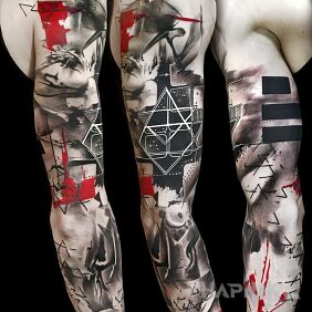 Tattoo Trash polka - the whole hand on the upper arm motif: sleeves style: trash polka