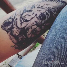 Tattoo Wolf on the forearm motif: black and gray