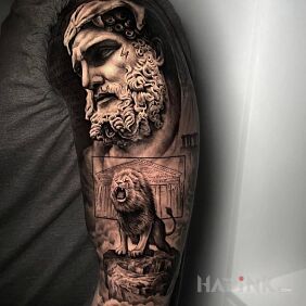 Tattoo Lion's roar on the upper arm motif: faces style: realistic
