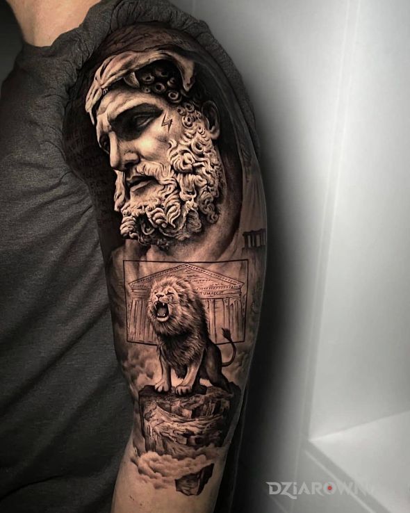 Tatuaż ryk lwa w motywie czarno-szare i stylu realistyczne na ramieniu
