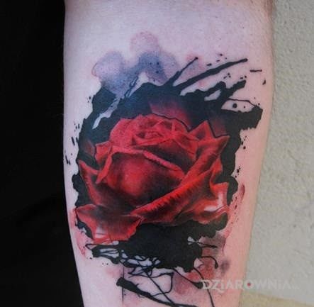 Tatuaż ukochana róża w motywie kolorowe na przedramieniu