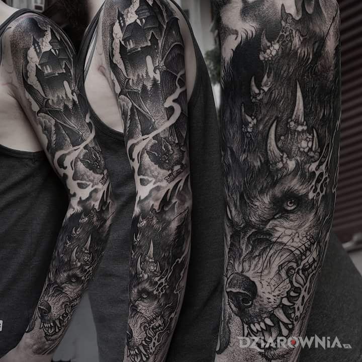 Tatuaż rogaty wilczur w motywie demony i stylu graficzne / ilustracyjne na przedramieniu
