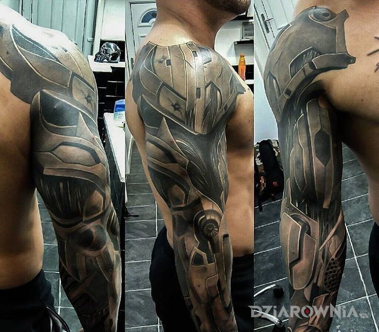 Tatuaż ręka cyborga w motywie rękawy i stylu biomechanika na ramieniu