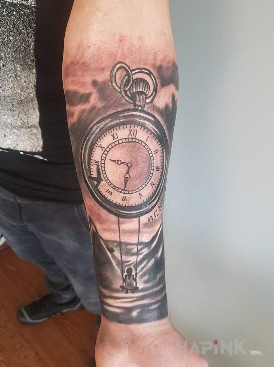 Tattoo Data i godzina narodzin córki. in black and gray motif and realistic style on the forearm