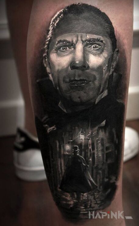 Tattoo Dracula in characters motif on the leg