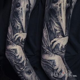 Tattoo Plauge doctor on the forearm motif: sleeves style: graphic / illustrative