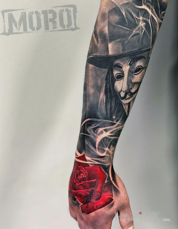 Tattoo V jak Vendetta in characters motif and realistic style on the forearm