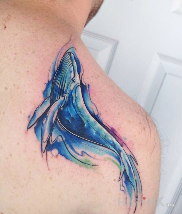 Tattoo Waleń in colorful motif and Watercolor style on the shoulder blades