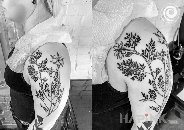 Tattoo Kwiaty polne in flowers motif and graphic / illustrative style on the upper arm