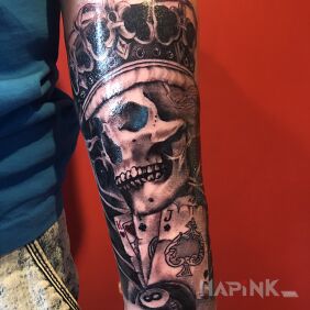 Tattoo Czacha on the forearm motif: black and gray style: realistic