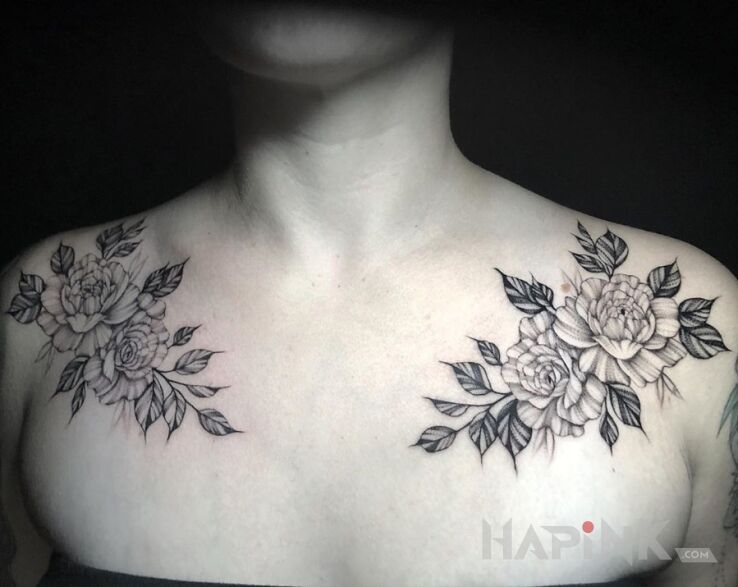 Tattoo Kwiaty na obojczykach in flowers motif and graphic / illustrative style on the chest
