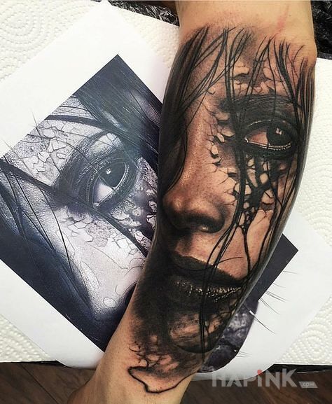 Tattoo Dobry portret in faces motif and realistic style on the forearm