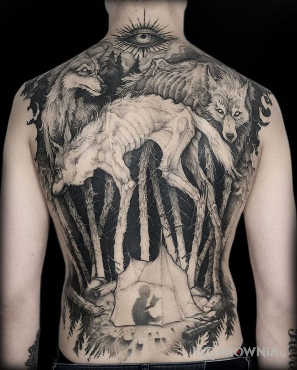 Tatuaż przerażające istoty w motywie czarno-szare i stylu graficzne / ilustracyjne na plecach
