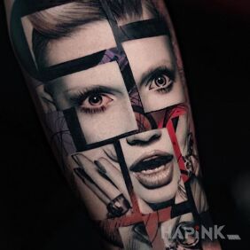 Tattoo Face in pieces on the forearm motif: colorful style: surrealistic