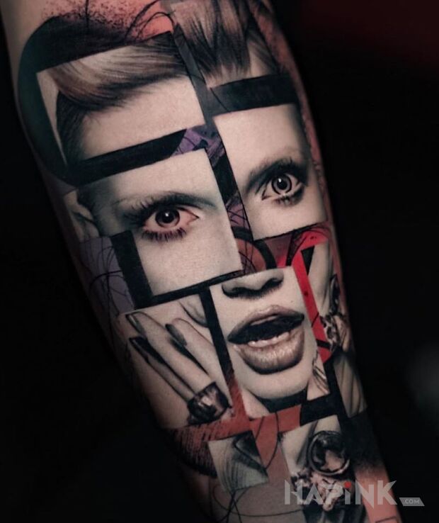 Tattoo Twarz w kawałkach in 3D motif and surrealistic style on the forearm