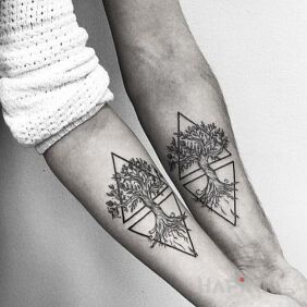 Tattoo Two trees on the forearm motif: Love style: graphic / illustrative