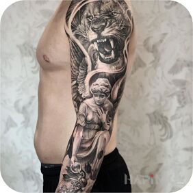 Tattoo Lion and angel on the upper arm motif: 3D style: realistic