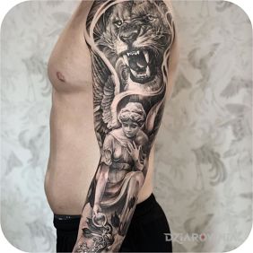 Tatuaż Lion and angel na przedramieniu motyw: anioły styl: realistyczne