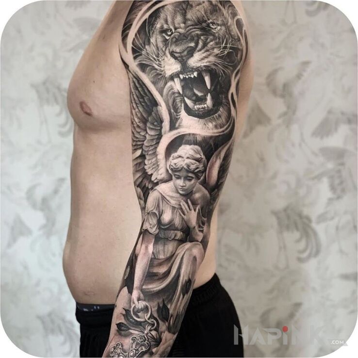 Tattoo Lion and angel in sleeves motif and realistic style on the forearm