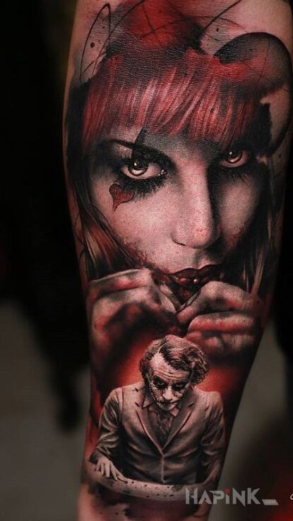 Tattoo Harley Quinn in characters motif on the forearm