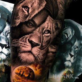 Tattoo Lioness on the leg motif: colorful style: realistic