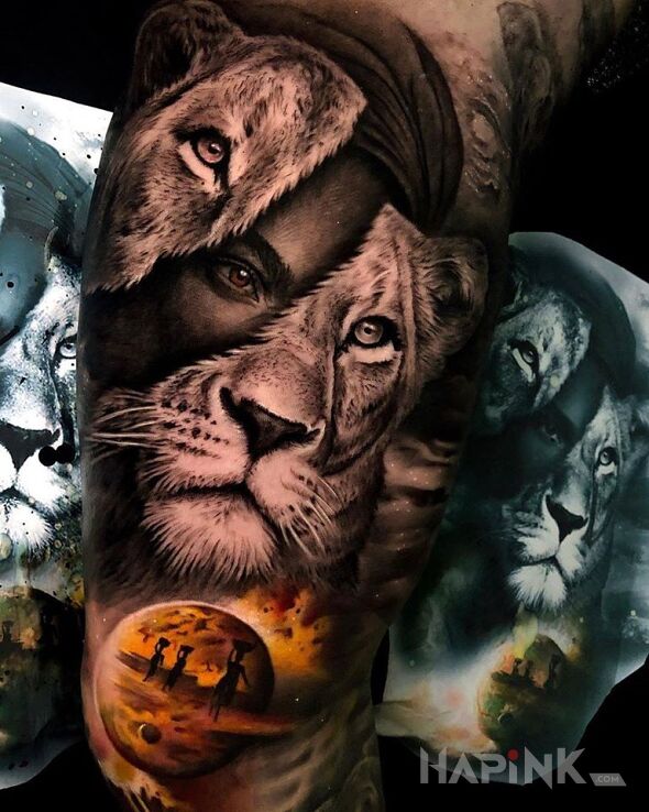Tattoo Lwica in 3D motif and realistic style on the leg