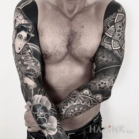 Tattoo Japanese style versus geometry on the forearm motif: black and gray style: japanese / irezumi