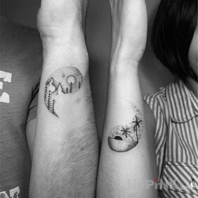Tattoo Yin Yang on the forearm motif: Love style: dotwork
