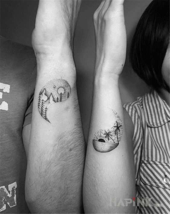 Tattoo Yin Yang in Love motif and graphic / illustrative style on the forearm