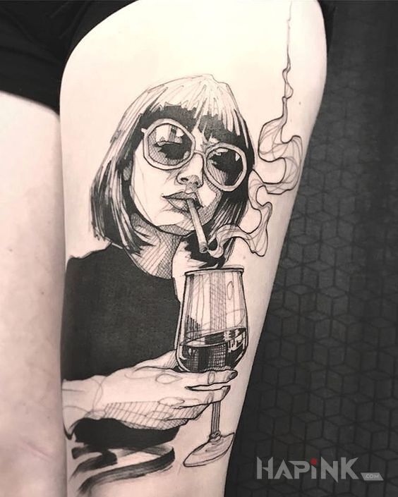 Tattoo Wino i joint :) in faces motif and sketch style on the leg