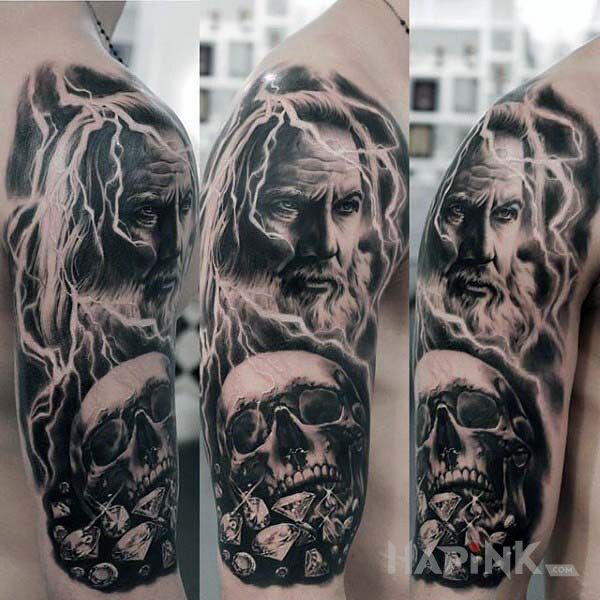 Tattoo Bóg piorunów in black and gray motif and realistic style on the upper arm