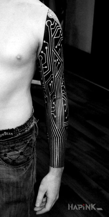 Tattoo Układ płyty głównej :) in sleeves motif and blackwork / blackout style on the forearm