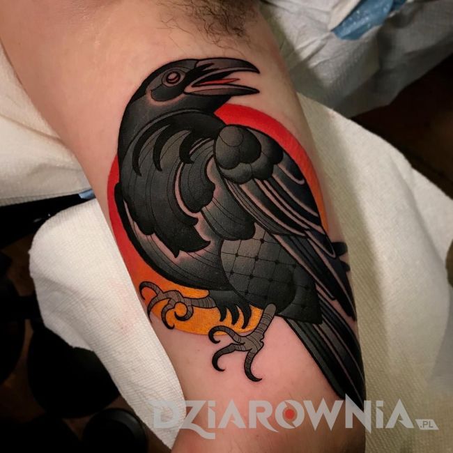 tatuaż neotradycyjny kruk na bicepsie mężczyzny