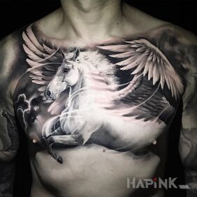 Tattoo Pegasus on the chest motif: fantasy style: realistic