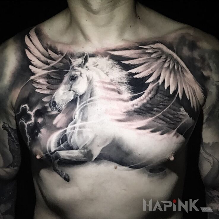 Tattoo Pegaz in black and gray motif and realistic style on the chest