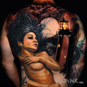 Tattoo Black-haired girl on the back motif: characters