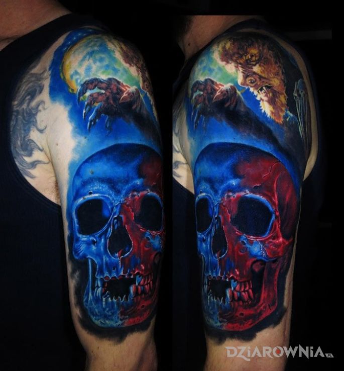 Tatuaż niebieska czaszka w motywie czaszki na ramieniu
