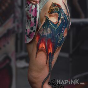 Tattoo Dragon, poked in the side on the leg motif: colorful style: graphic / illustrative