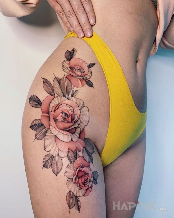 Tattoo Róża w różu in colorful motif and graphic / illustrative style on the leg