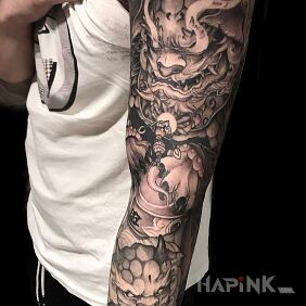 Tattoo Chinese lions on the forearm motif: sleeves style: graphic / illustrative